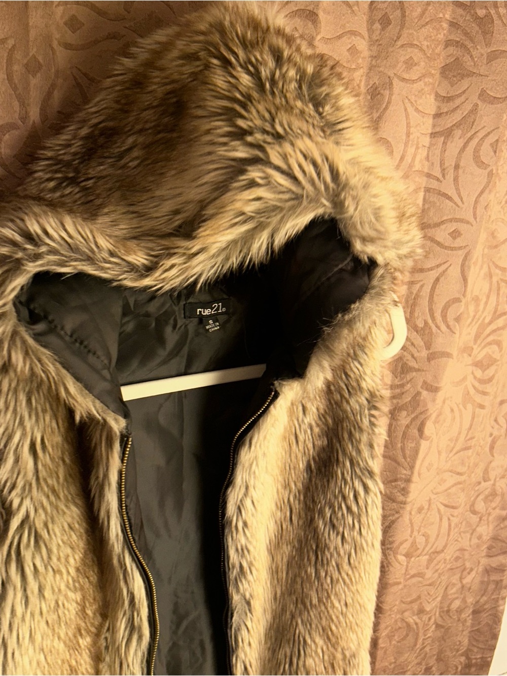 Rue21 Faux Fur Hooded Jacket in Light Brown with Black Lining